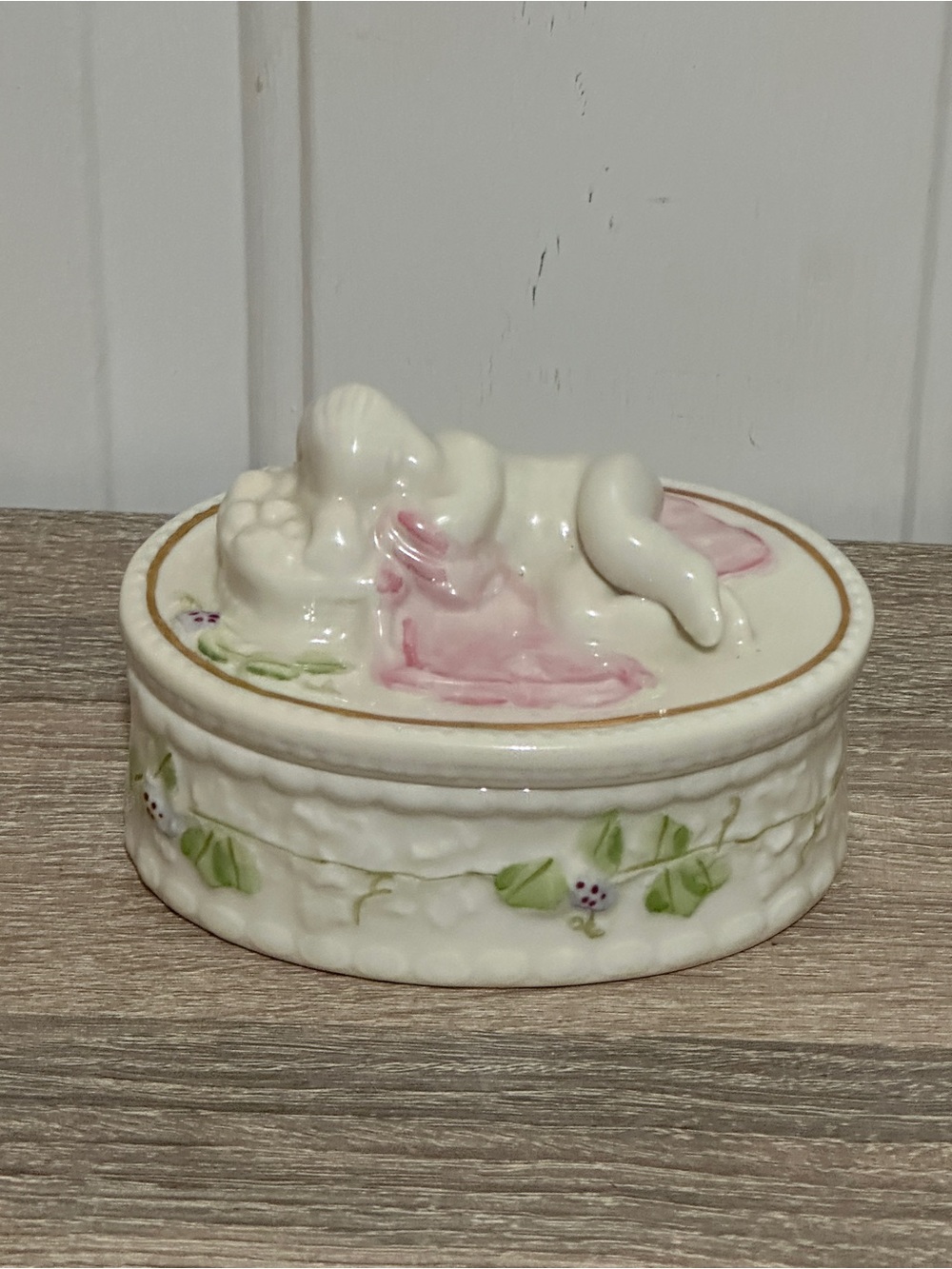 Vintage Belleek Irish Porcelain Sleeping Cherub Trinket Box 5in x 3.5 in